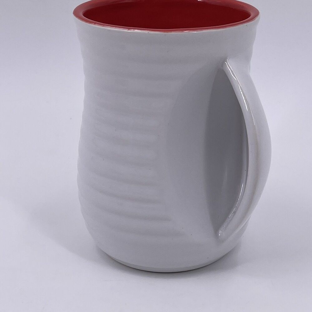 Hand Warmer Mug Hot Cocoa Is Like A Hug Red White Ribbed Unique Right Hand